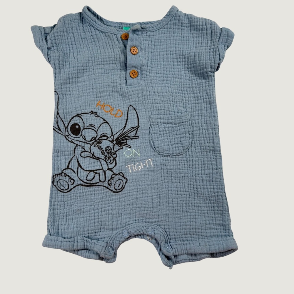 Disney Baby Stitch Blue Cotton Gauze Romper 12M Hold On Tight Henley